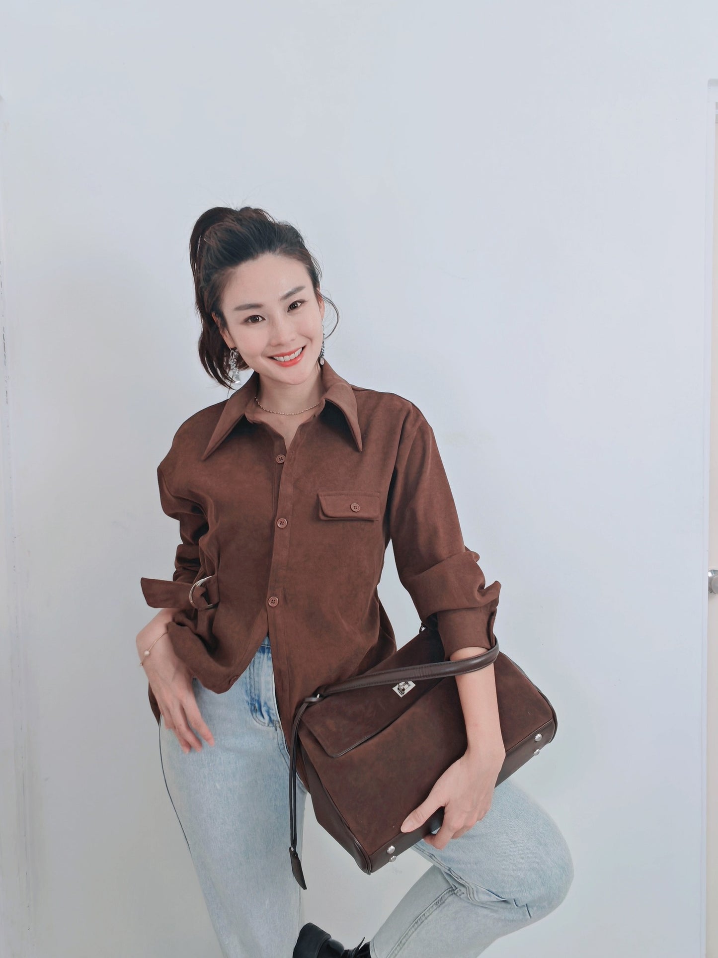 T3393-Velvet Long Sleeve Belted Top