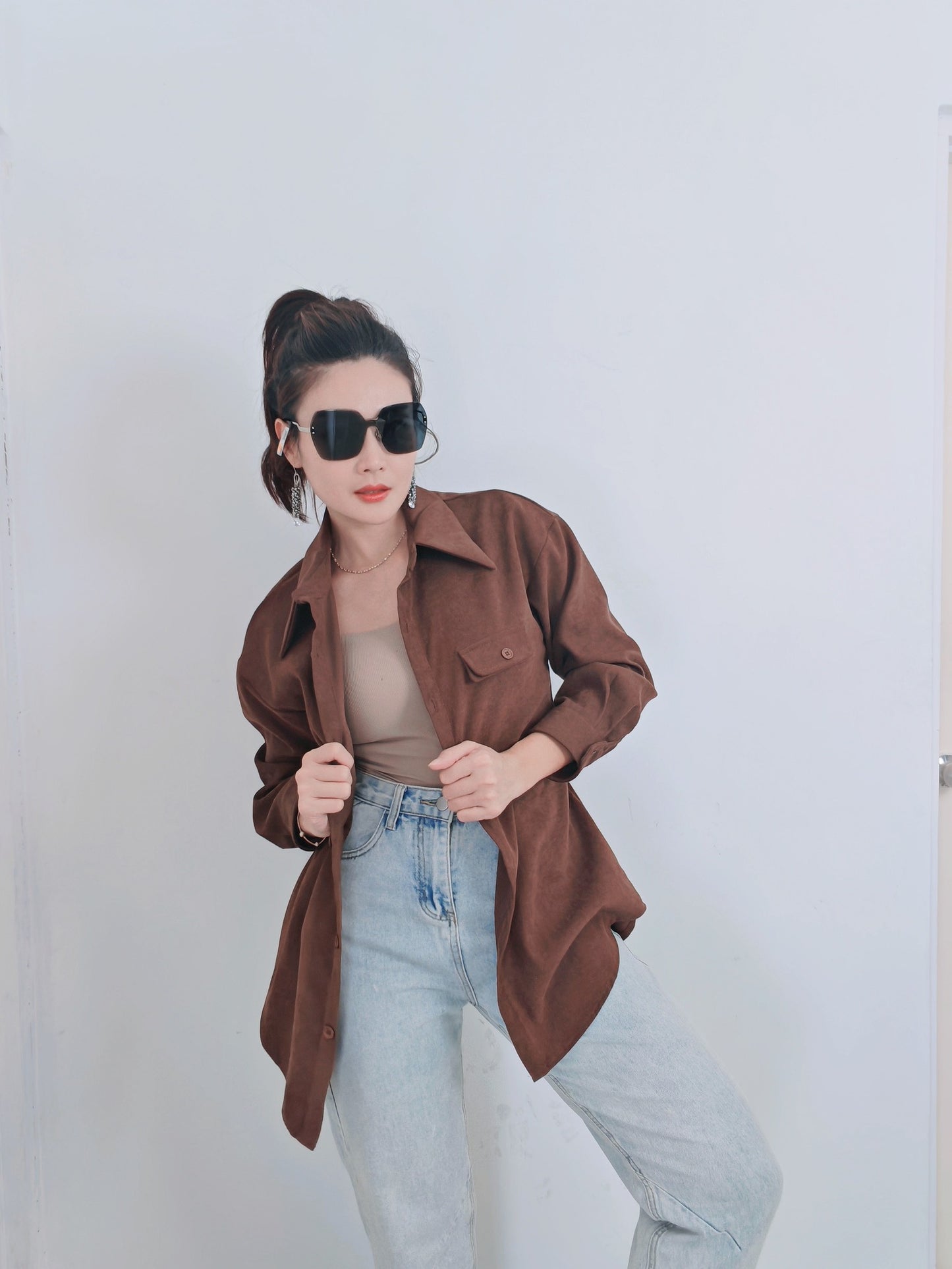 T3393-Velvet Long Sleeve Belted Top