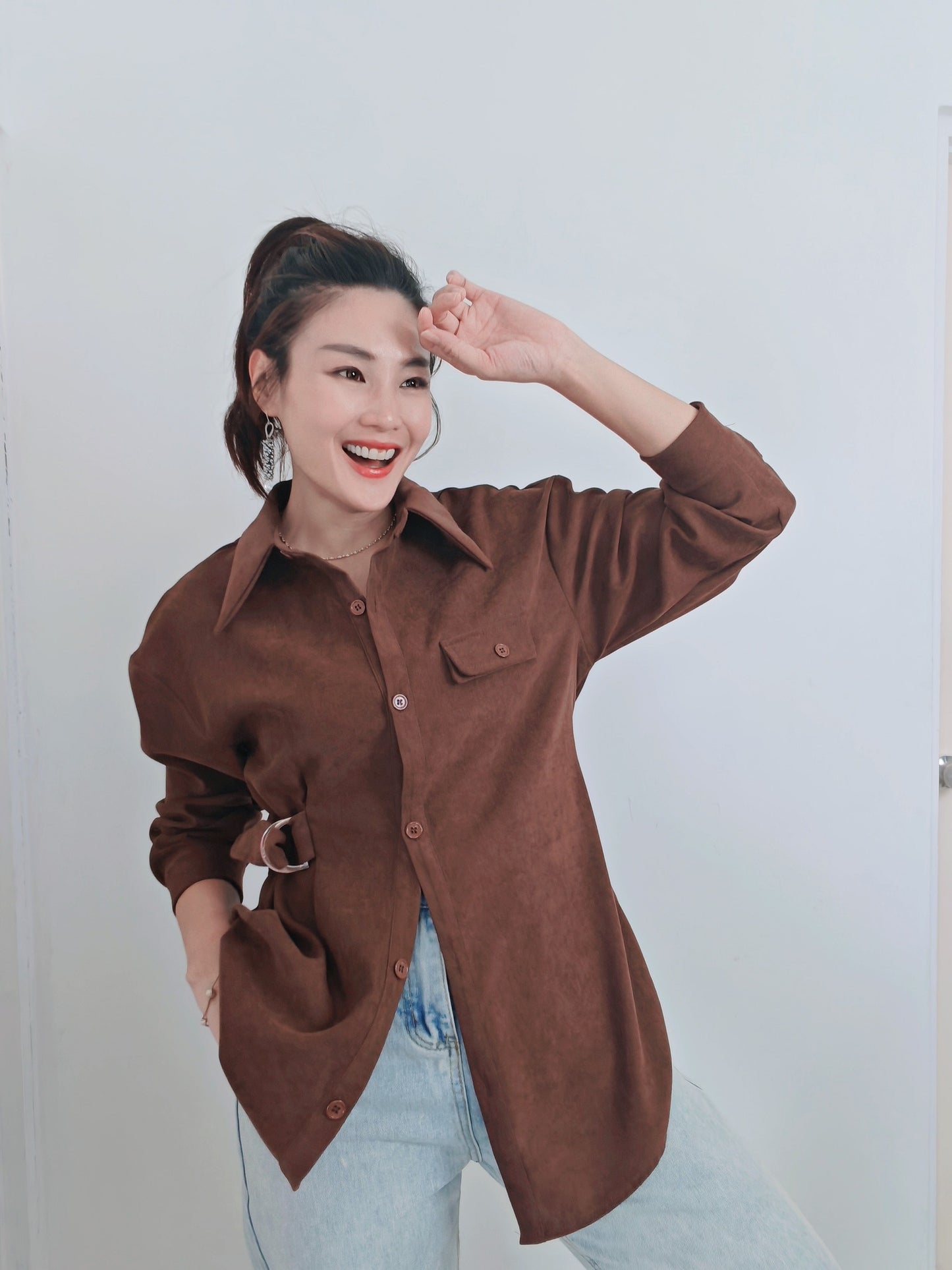 T3393-Velvet Long Sleeve Belted Top