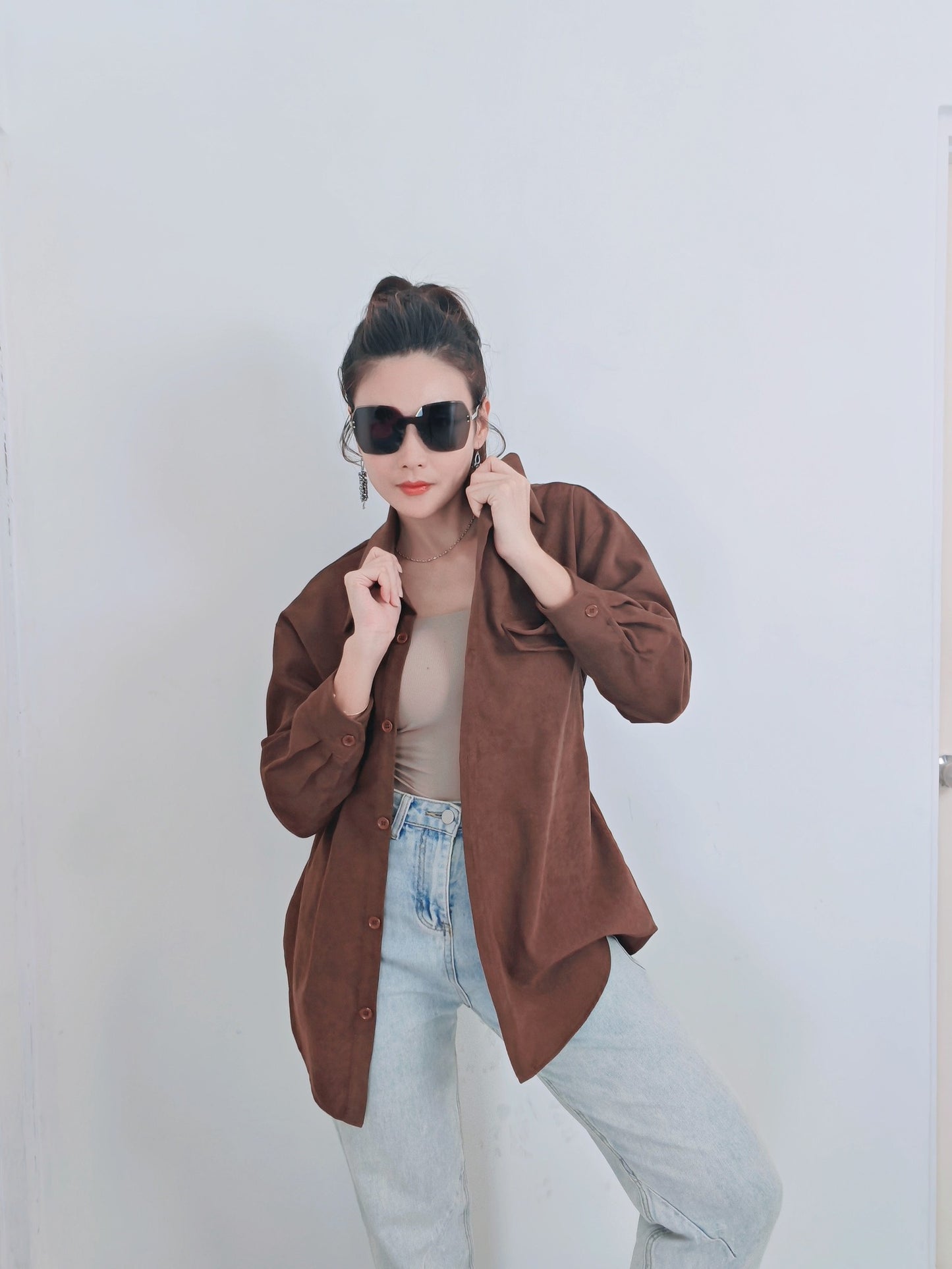 T3393-Velvet Long Sleeve Belted Top