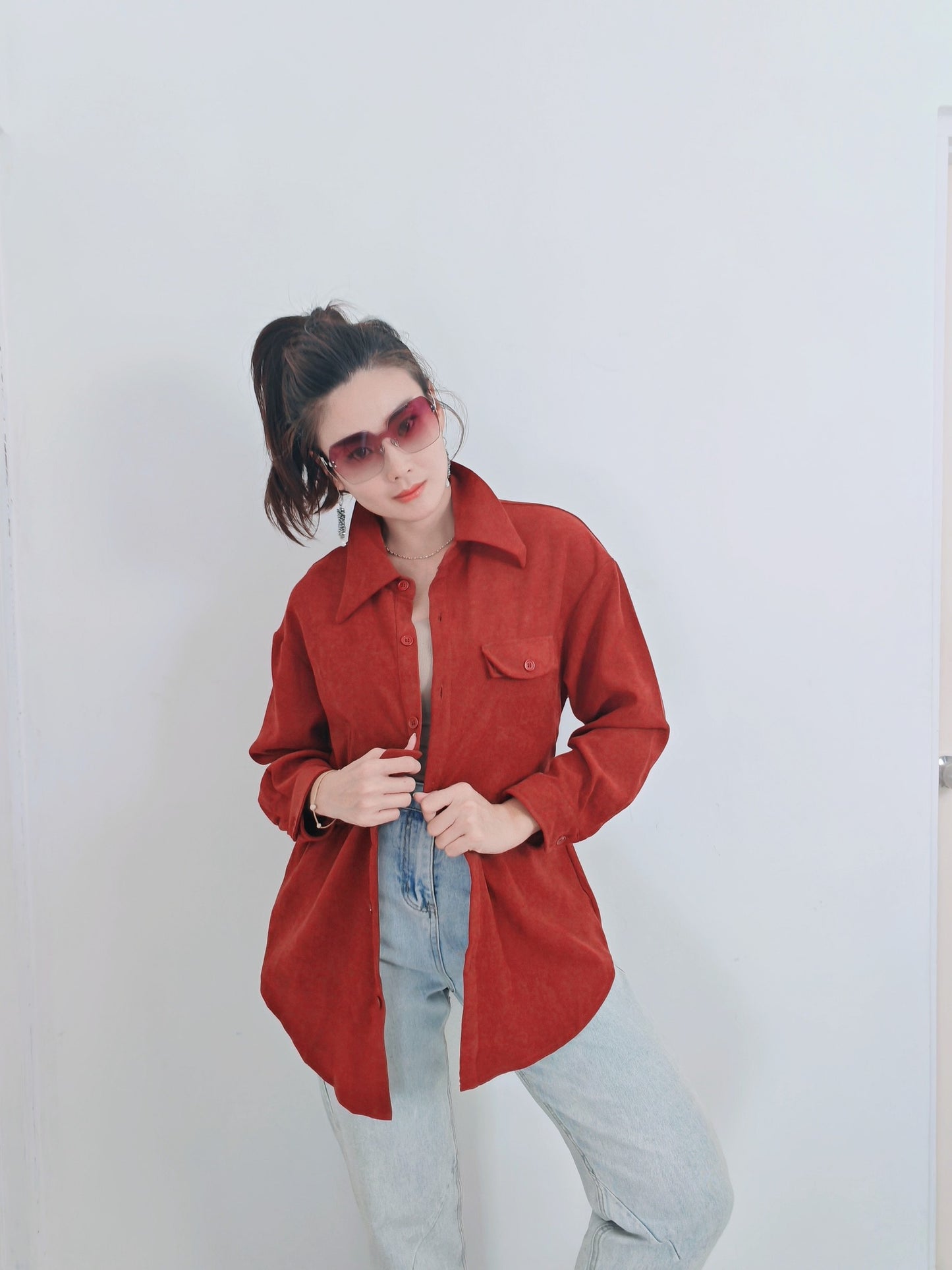 T3393-Velvet Long Sleeve Belted Top
