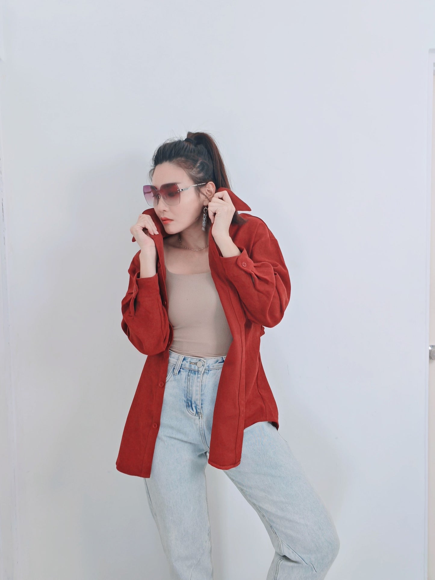 T3393-Velvet Long Sleeve Belted Top