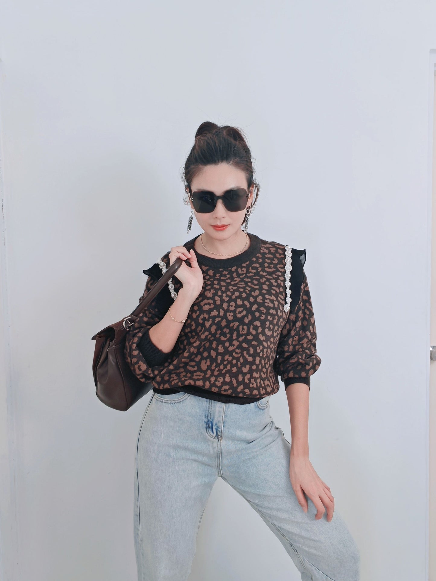 T3899-Pearl Trim Leopard Knit Top