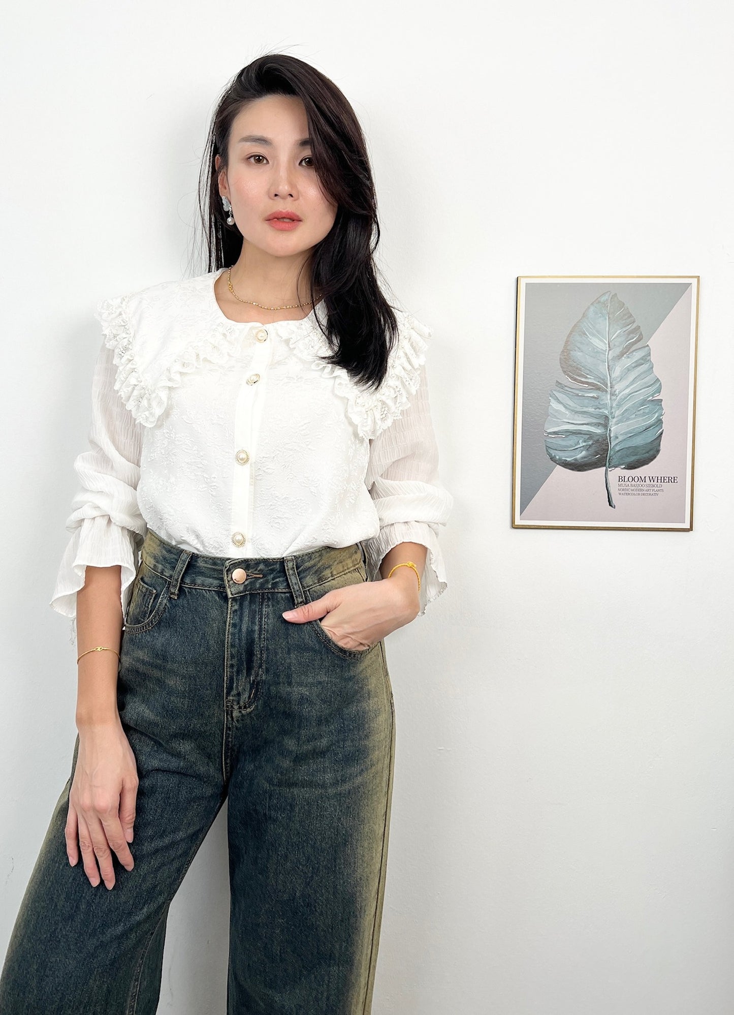 T4032-Peter Pan Emboidery Front Button Top(White)