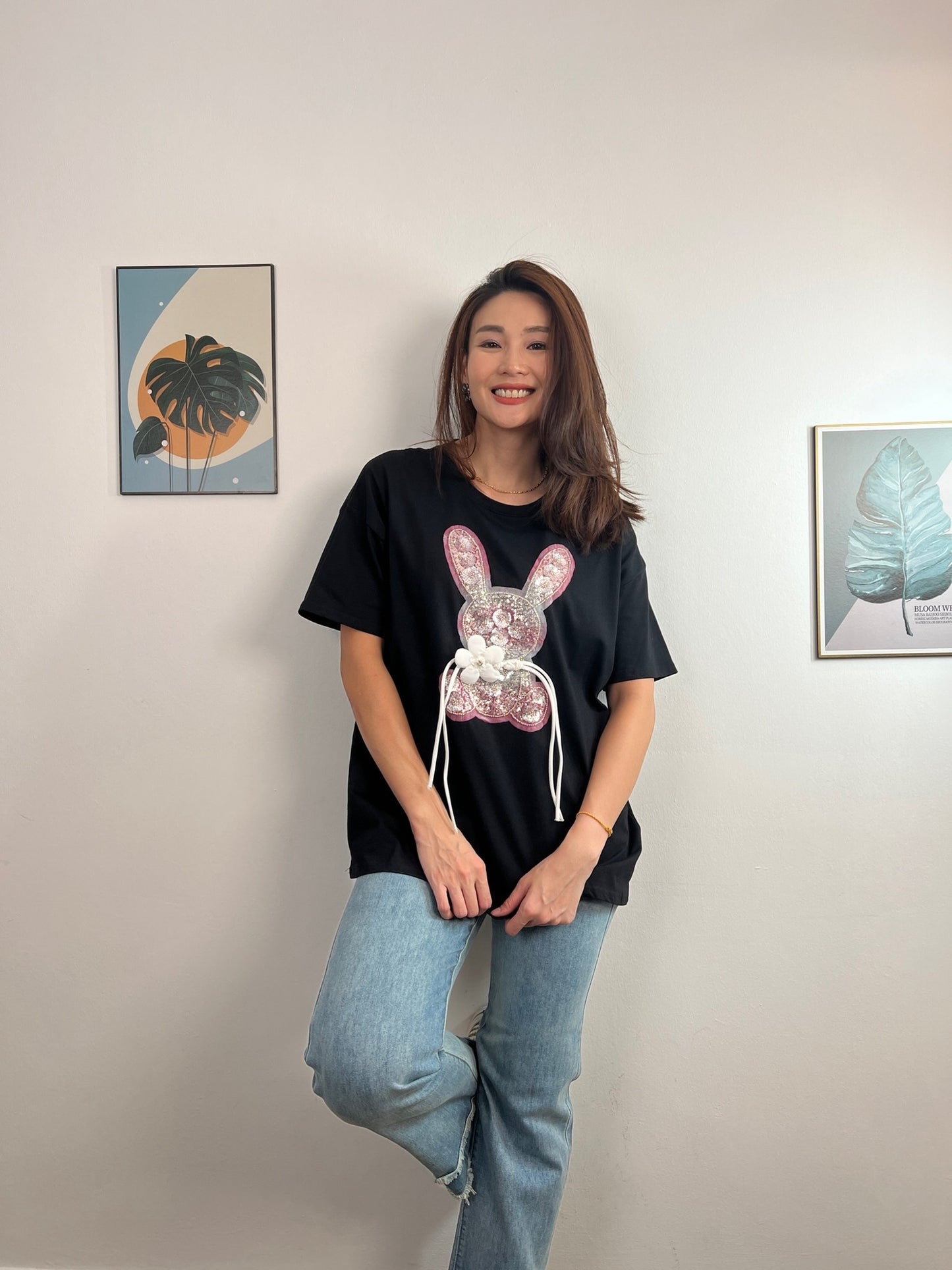 T6018 盘扣花朵免兔子大版 Short Sleeve Shirt