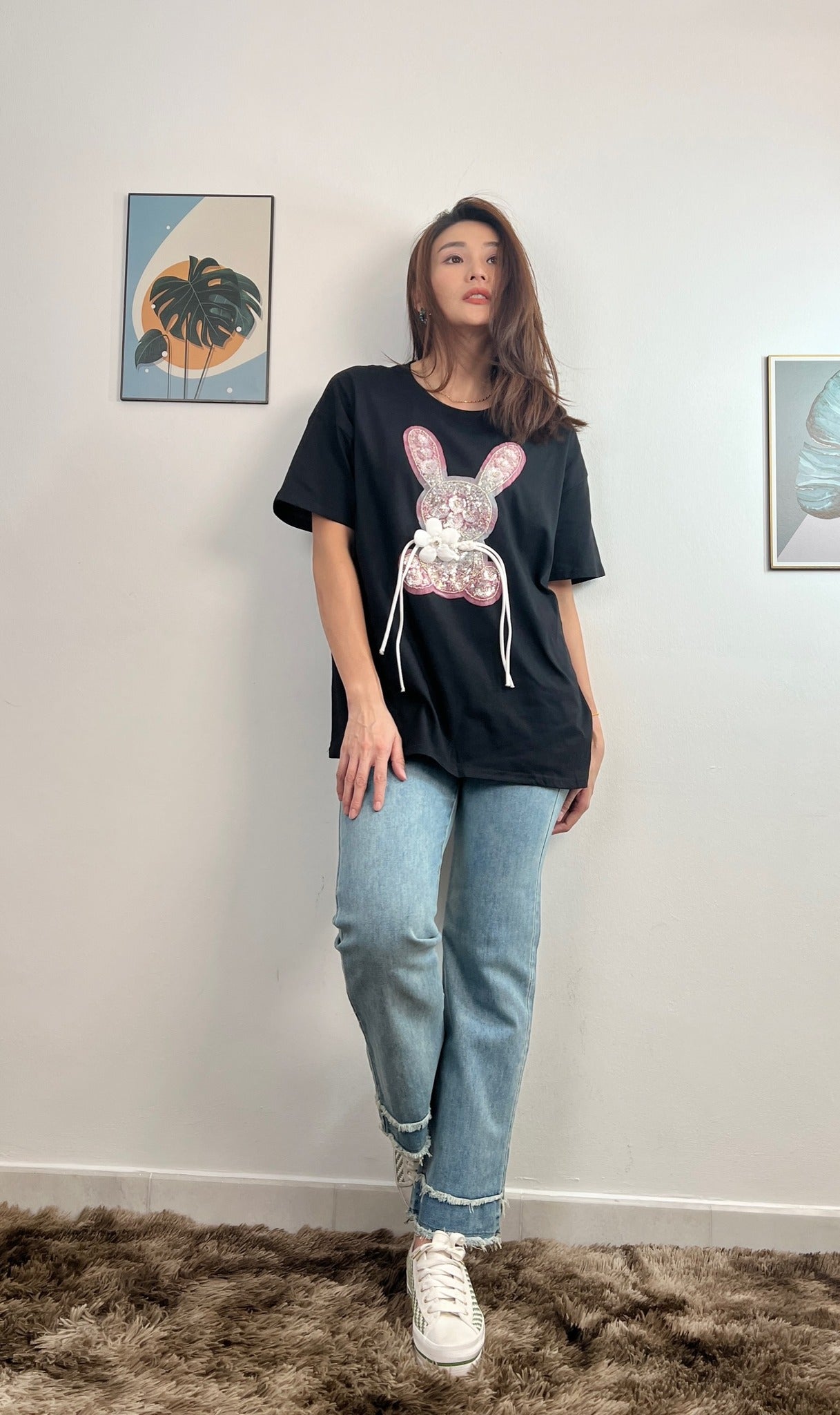 T6018 盘扣花朵免兔子大版 Short Sleeve Shirt