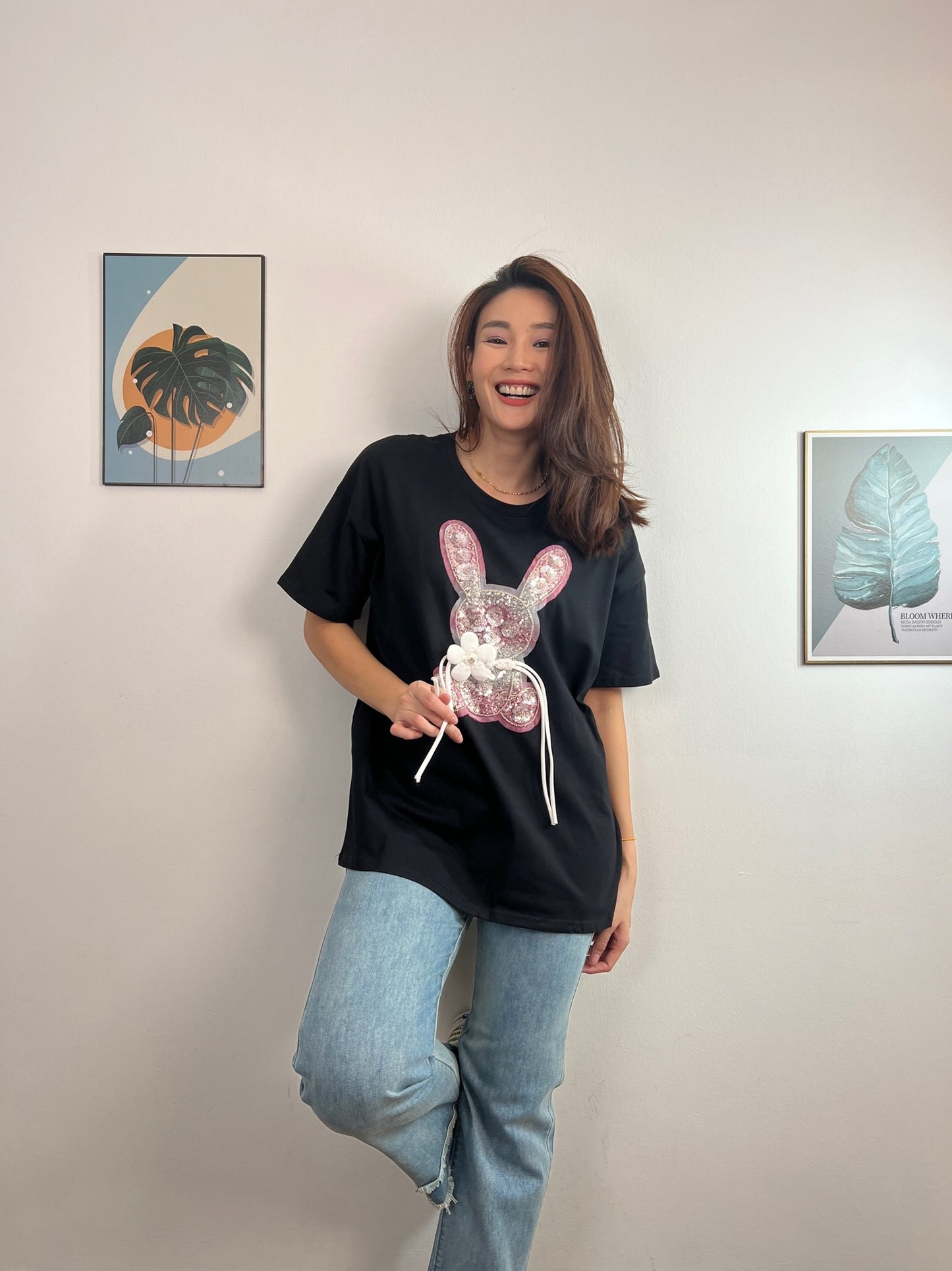T6018 盘扣花朵免兔子大版 Short Sleeve Shirt