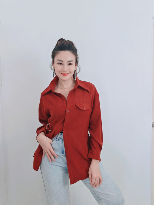 T3393-Velvet Long Sleeve Belted Top